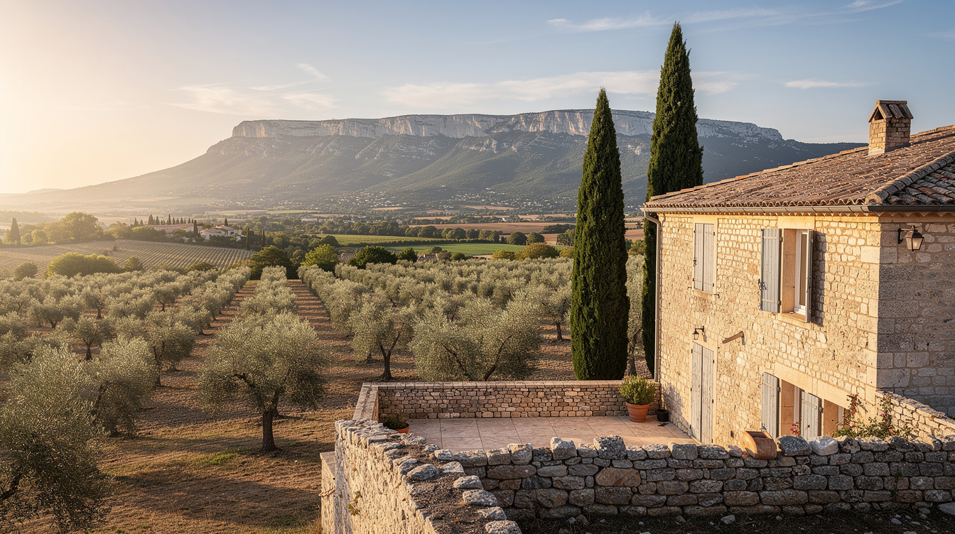 La vallée du Luberon sud au soir — un mas en pierre, des cyprès, la crête du Grand Luberon