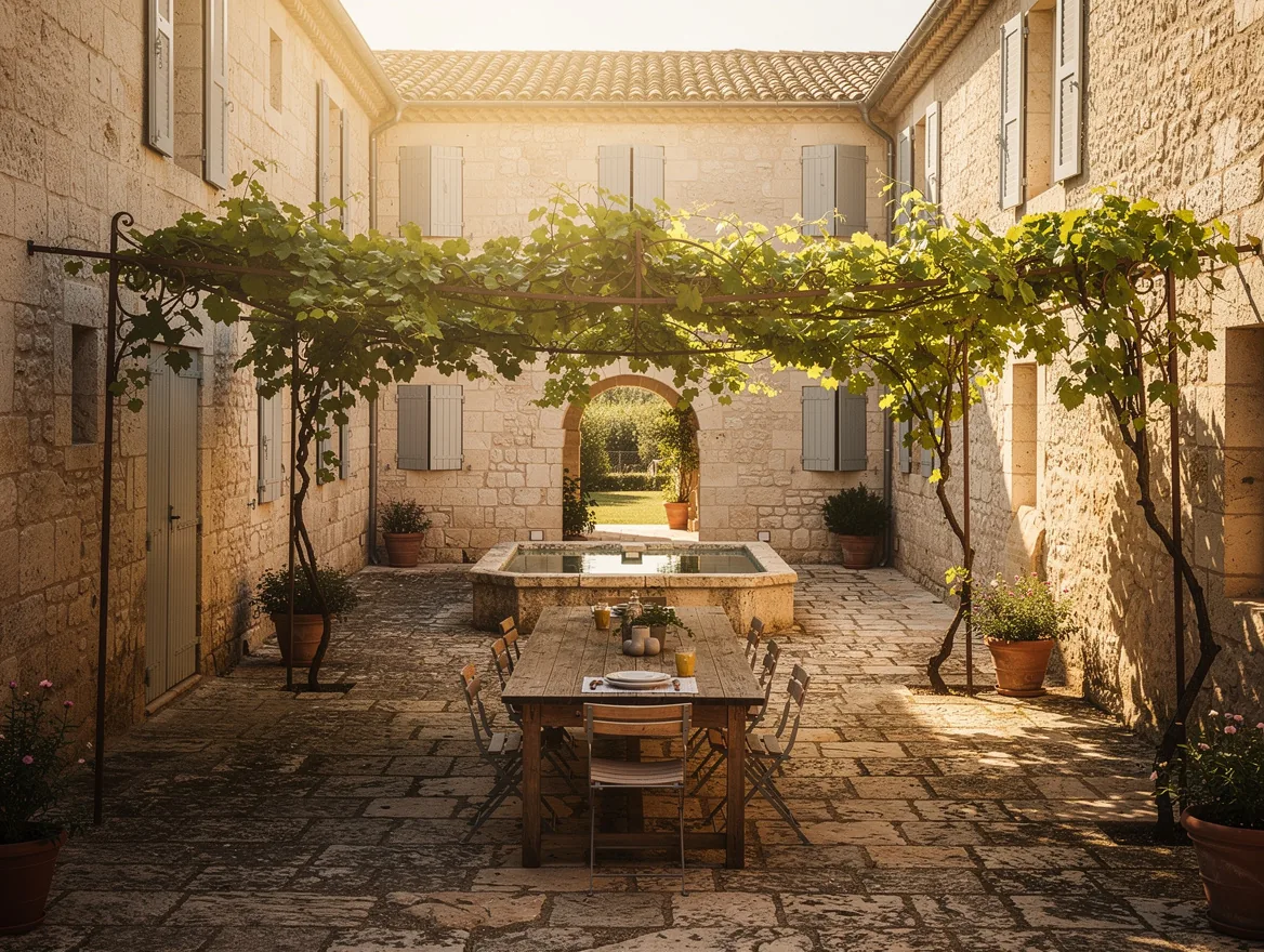 La cour du mas — table sous la treille, dalles de pierre