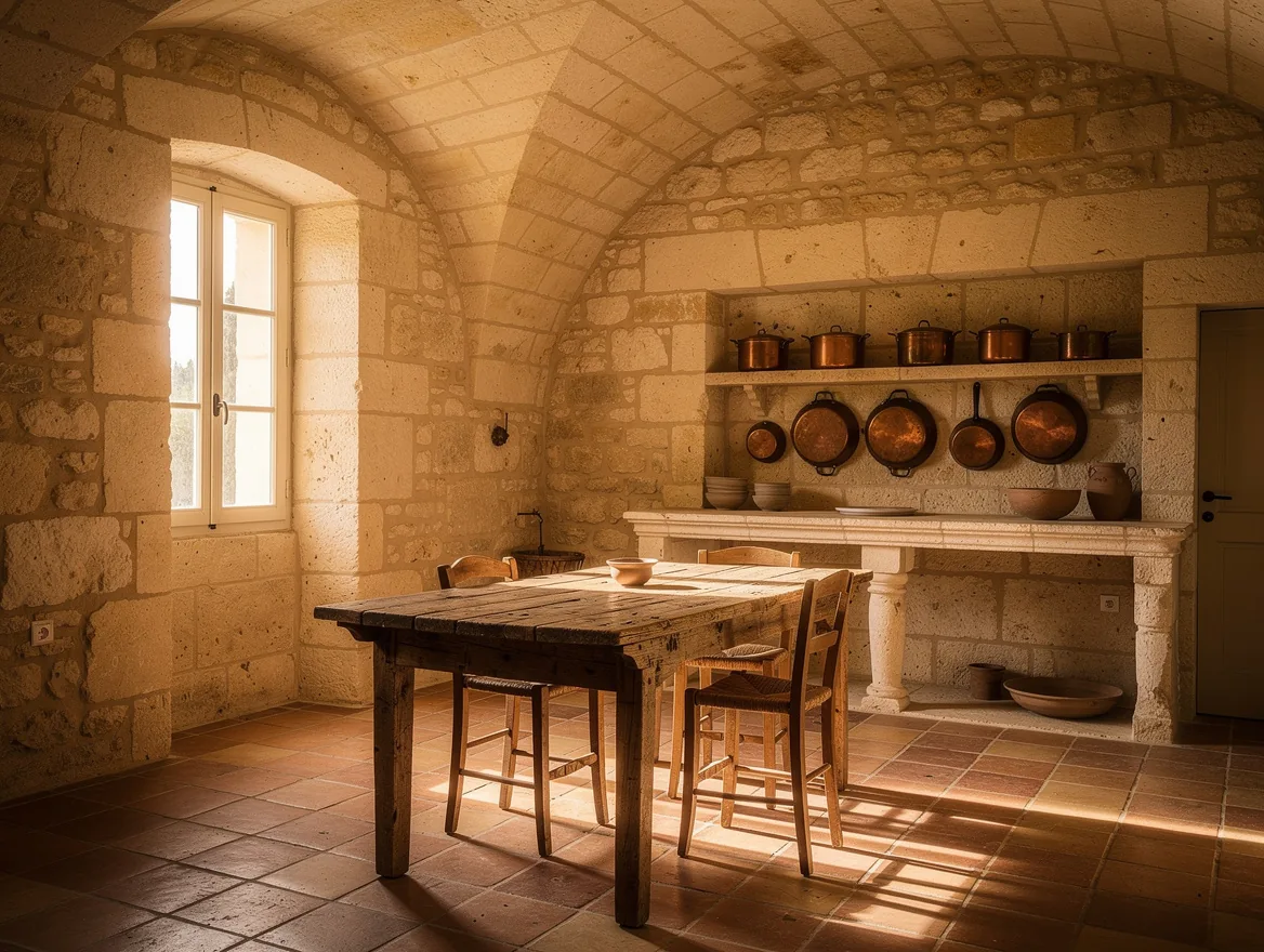 La cuisine d'été dans l'ancienne magnanerie — voûtes en pierre